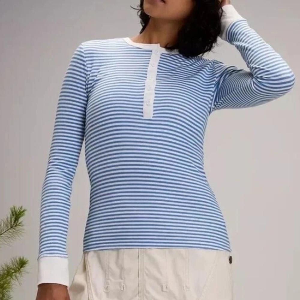 NEW! Alpine Design Women's Peak Duofold Henley Stripe XS -Alpine Snow/Basin Blue